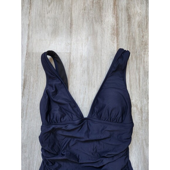 J. Crew Ruched V Neck One Piece Swimsuit Lined Stretch Navy Blue Sz 2 - Picture 3 of 10